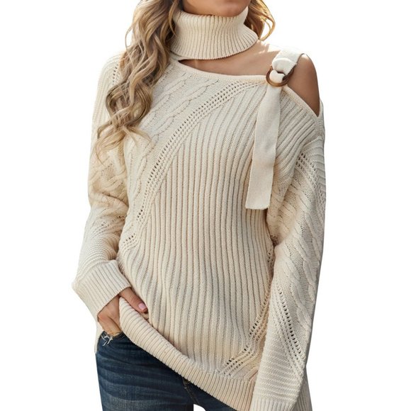 Cold Shoulder Turtleneck Sweater Pullover creme - Picture 2 of 5